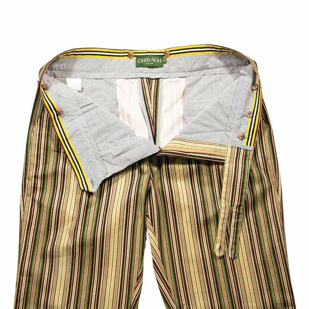 Mens Gurkha Pants 38 Beige Green Striped Cotton Trousers Flat Front Straight Fit - Picture 4 of 8